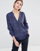 See U Soon Shirt With V Neck In Leaf Print - Blue