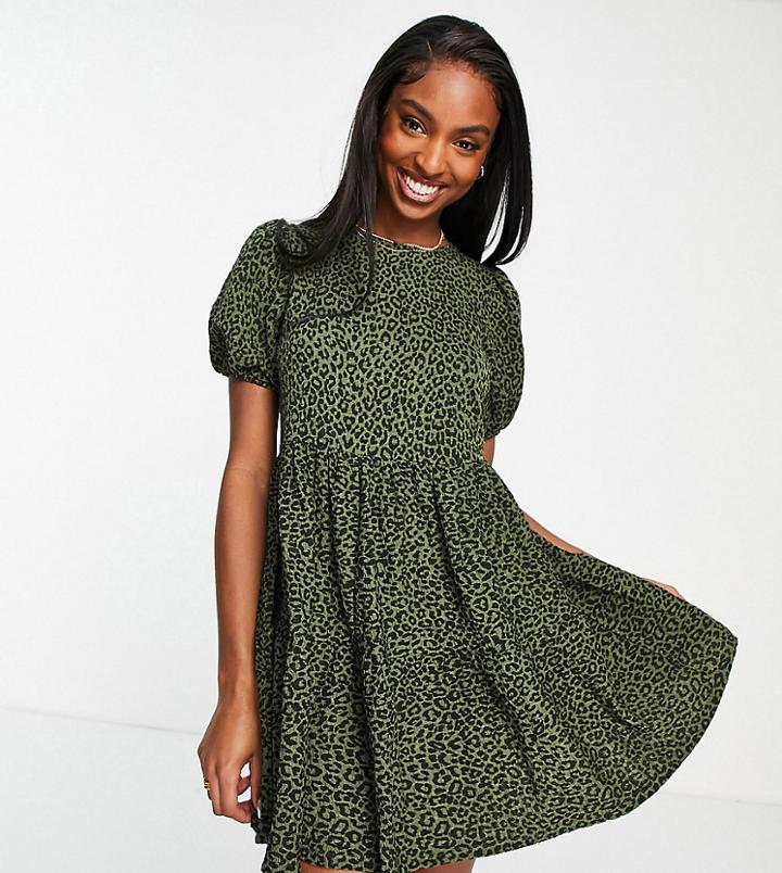Asos Design Tall Mini Tiered Smock Dress In Black Khaki Leopard Print-green