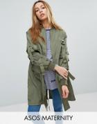 Asos Maternity Longline Parka With Parachute Strapping - Green