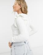 Bershka Shoulder Detail Fluffy Sweater In Ecru-white