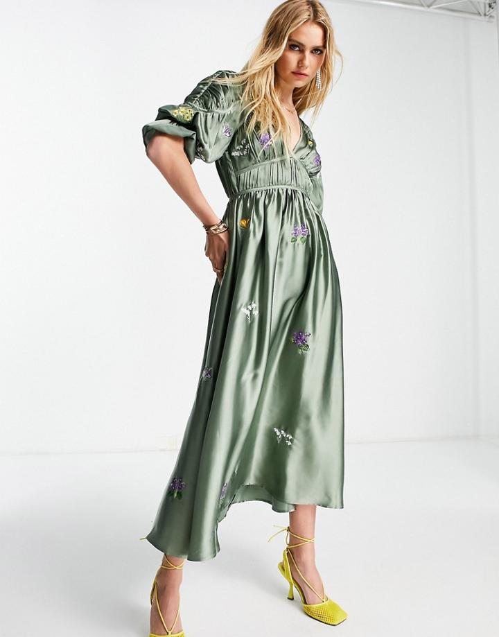 Asos Design Satin Gathered Detail Plunge Neck Midi Dress In All Over Embroidery In Green
