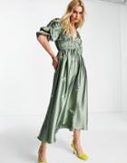 Asos Design Satin Gathered Detail Plunge Neck Midi Dress In All Over Embroidery In Green