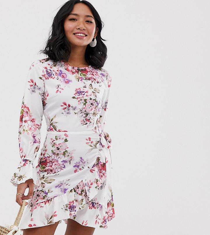 Parisian Petite Floral Mini Dress With Fluted Sleeve Detail-cream