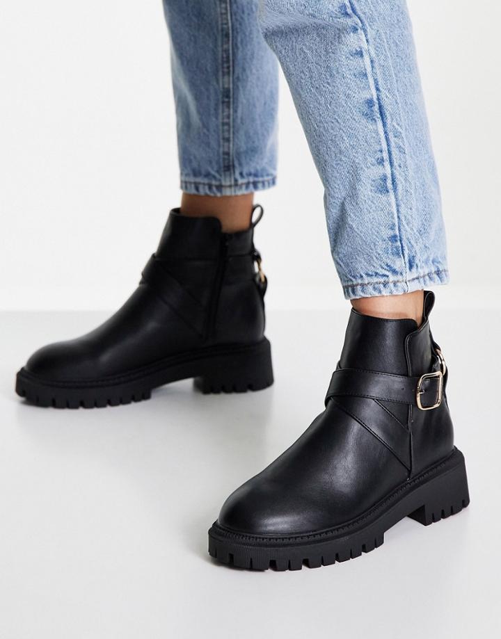 London Rebel Buckle Detail Ankle Boots In Black