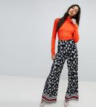 Asos Tall Wide Leg Pants In Floral Print With Sports Detail - Black