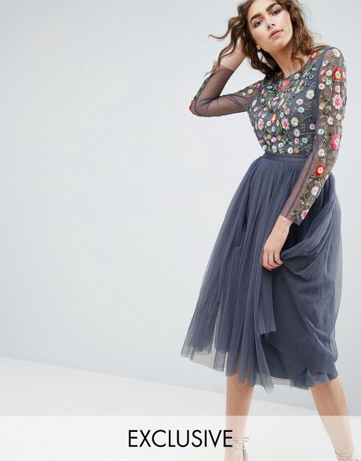 Needle And Thread Long Sleeve Embroidered Midi Dress - Blue
