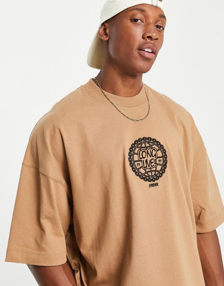 Topman Extreme Oversized T-shirt With Globe Embroidery In Brown - Brown
