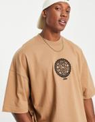 Topman Extreme Oversized T-shirt With Globe Embroidery In Brown - Brown