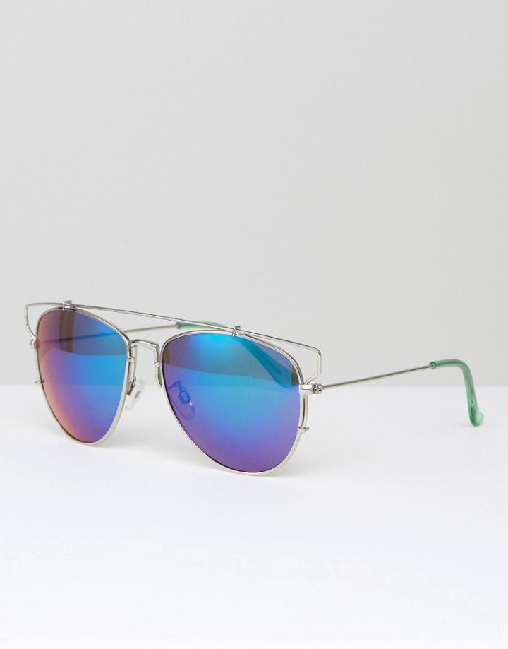 Southbeach Aviator Sunglasses With Flash Lens And Metal Cut Out Frame - Silver