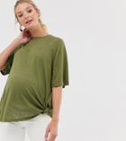 Asos Design Maternity Relaxed T-shirt With Knot Side-green