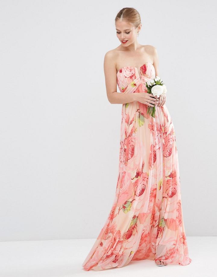 Asos Wedding Floral Printed Rouched Bandeau Mesh Maxi Dress - Floral