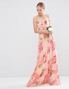 Asos Wedding Floral Printed Rouched Bandeau Mesh Maxi Dress - Floral