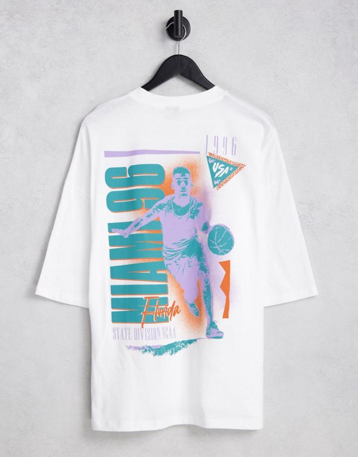 Asos Design Oversized T-shirt In White With Retro Basketball Back Print
