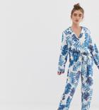 Asos Design Petite Palm Print Pyjama Pants Set In 100% Modal-pink
