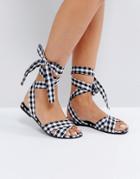 New Look Gingham Lace Up Flat Sandal - Black