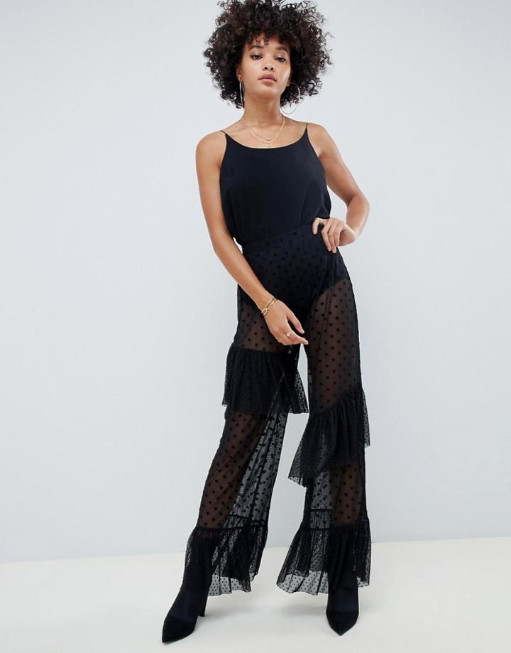 Asos Design Pants In Polka Dot Spot Mesh With Frill Detail - Black