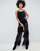 Asos Design Pants In Polka Dot Spot Mesh With Frill Detail - Black