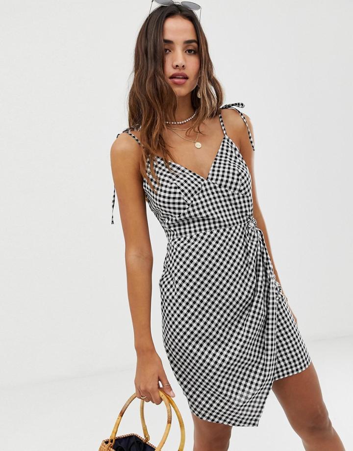 Asos Design Knot Front Mini Sundress In Seersucker In Gingham - Multi