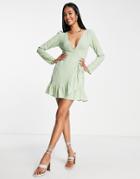 Asos Design Wrap Front Mini Dress In Sage Green