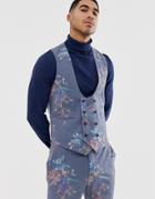 Asos Design Skinny Suit Vest In Printed Blue Floral Wool Mix - Blue