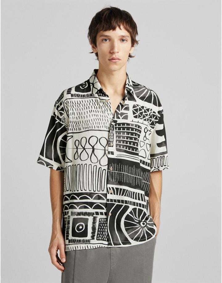 Bershka Oversized Geo Print Shirt In Black And White