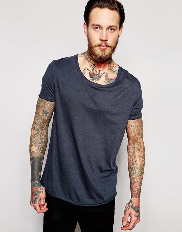 Asos Longline T-shirt With Stretch Neck And Dropped Hem In Ebony - Ebony