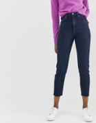 Asos Design Recycled High Rise Farleigh 'slim' Mom Jeans In Dark Wash Blue With Front Seam Detail-blues