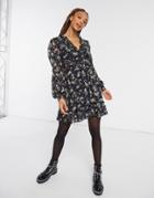 Asos Design Mini Skater Dress With Ruffles In Basic Black With Textured Floral Print