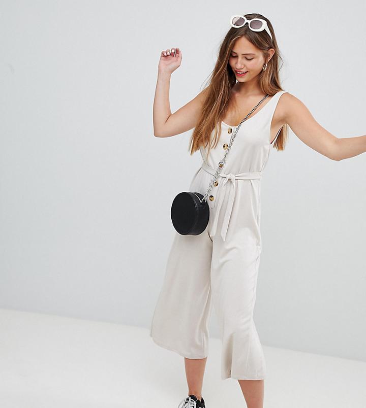 Bershka Button Front Jumpsuit In Beige - Beige