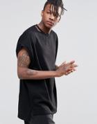 Asos Super Oversized T-shirt In Heavyweight Fabric And Curved Raw Hem Extender With Distressing - Black