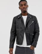 Barney's Originals Real Leather Zipped Biker Jacket-black