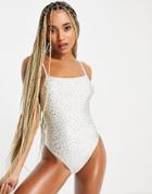 Topshop Floral Square Neck Swimsuit In Ecru-white