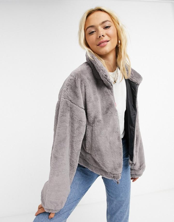 Asos Design Cropped Faux Fur Jacket In Gray-green