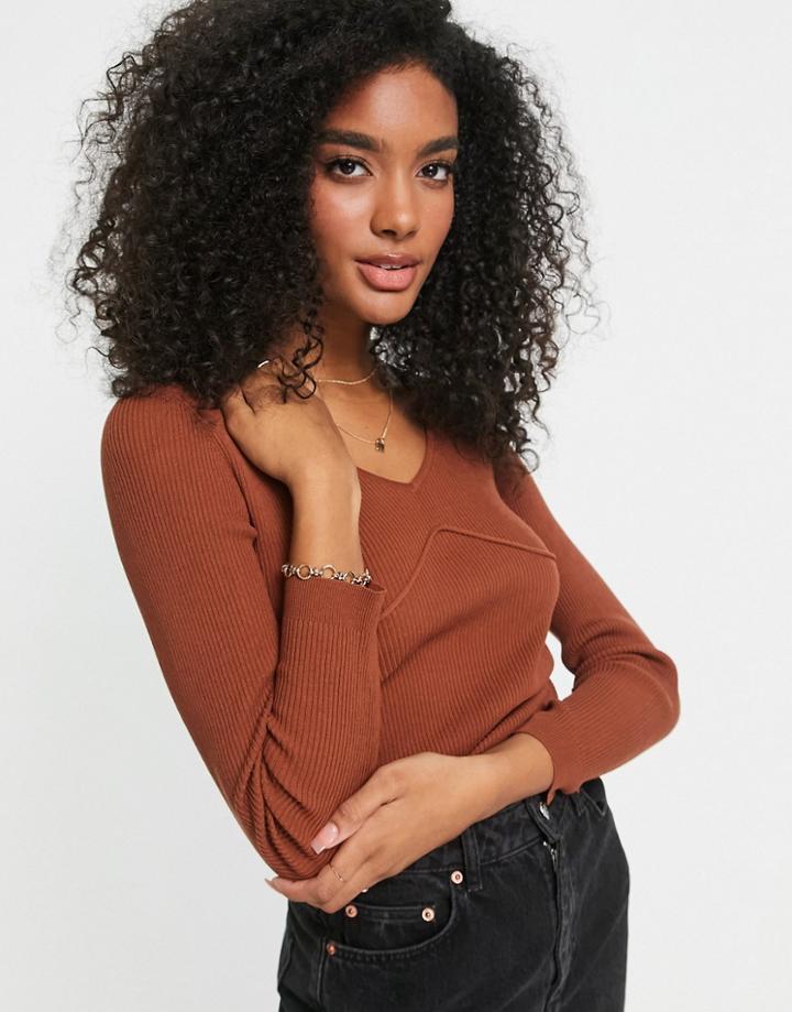Asos Design Ribbed Sweater With Corset Detail In Brown