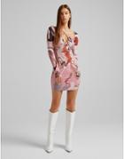 Bershka Marble Strappy Long Sleeve Mini Dress In Pink