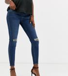 Asos Design Maternity Ridley High Waisted Skinny Jeans In Dark Stonewash Blue With Busted Knee With Under The Bump Waist