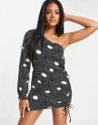 Ax Paris One Shoulder Mini Dress In Spot-black