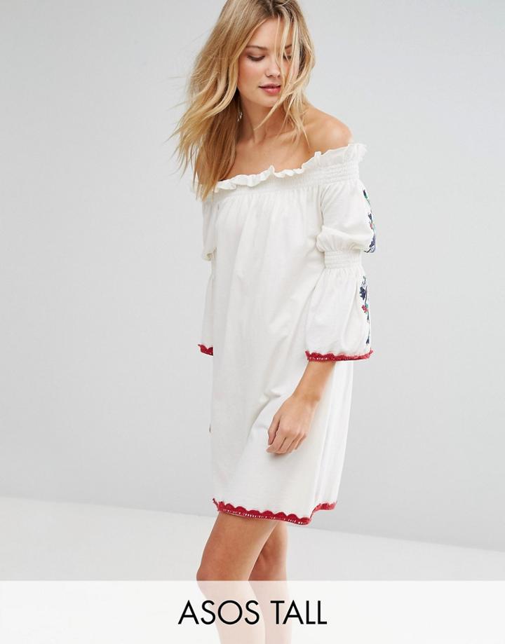 Asos Tall Off Shoulder Sundress With Embroidered Sleeves - White