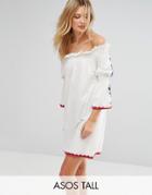Asos Tall Off Shoulder Sundress With Embroidered Sleeves - White