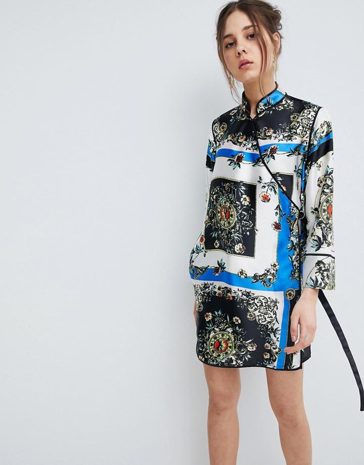 Asos Design Scarf Print Wrap Dress With Piping - Multi