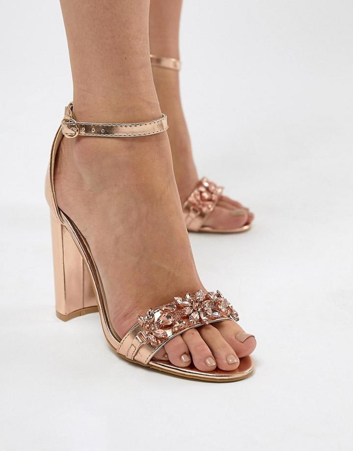 True Decadence Rose Gold Embellished Block Heeled Sandals - Gold