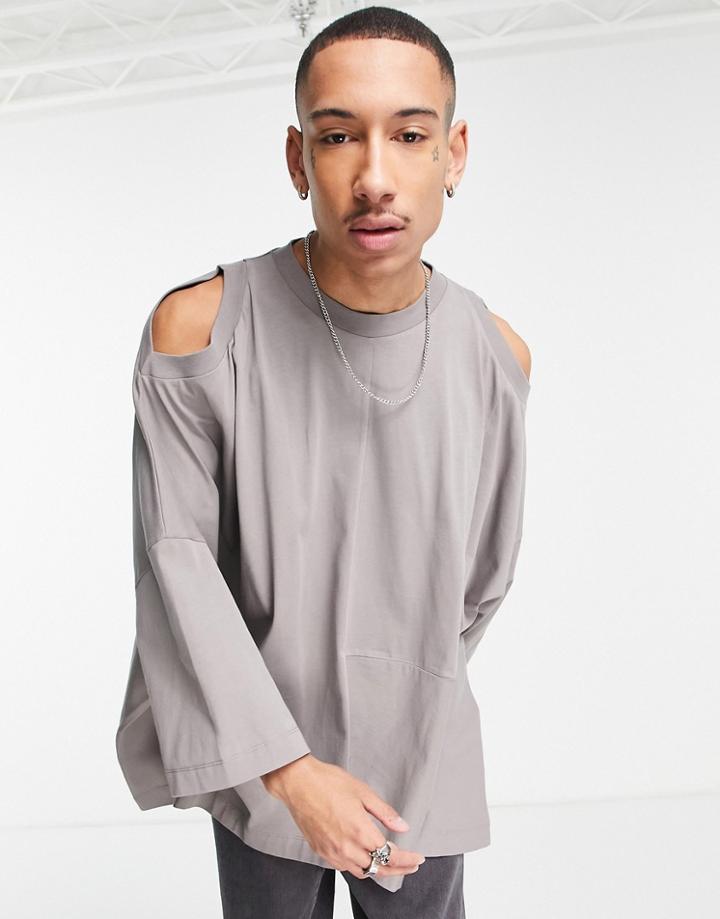 Asos Design Oversized T-shirt With Cut-and-sew And Cold Shoulder In Gray