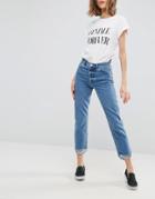 Asos Florence Authentic Straight Leg Jeans In Mid Wash Blue With Stepped Waistband And Raw Hem - Blue