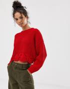 New Look Cropped Sweater With Pointelle Hem - Red