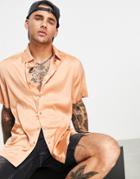 Asos Design Relaxed Satin Shirt In Recycled Polyester In Recycled Polyester In Peach - Bpink