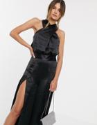 Asos Design High Shine Satin Cross Over Drape Top Two-piece-black