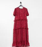 Dark Pink Smock Frill Midi Dress In Textured Red Floral