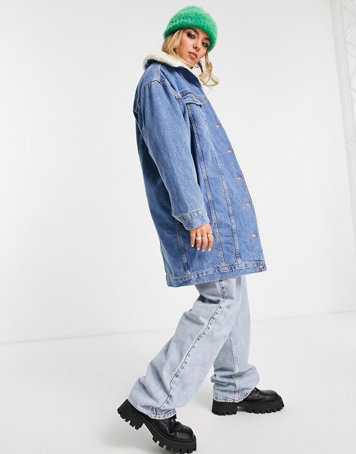 Topshop Longline Sherpa Recycled Cotton Denim Jacket In Mid Blue-blues