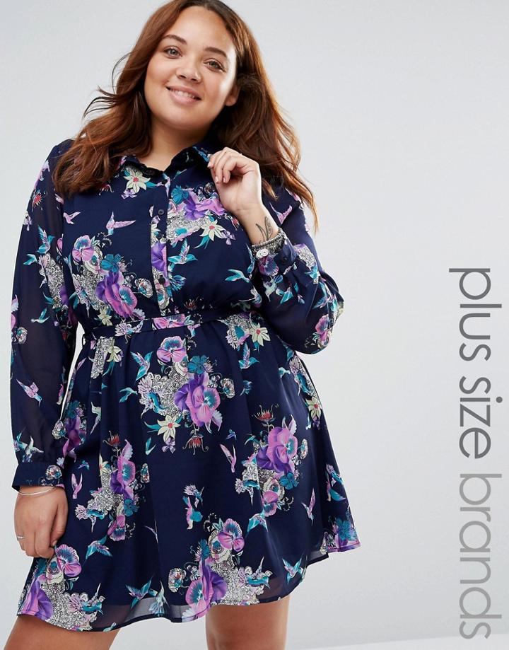 Yumi Plus Skater Shirt Dress In Floral Print - Navy