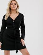 Asos Design Super Soft Rib Belted Fallen Shoulder Mini Dress-black